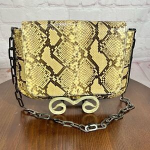 STUART WEITZMAN PYTHON SNAKESKIN & linen shoulder bag gunmetal chain strap